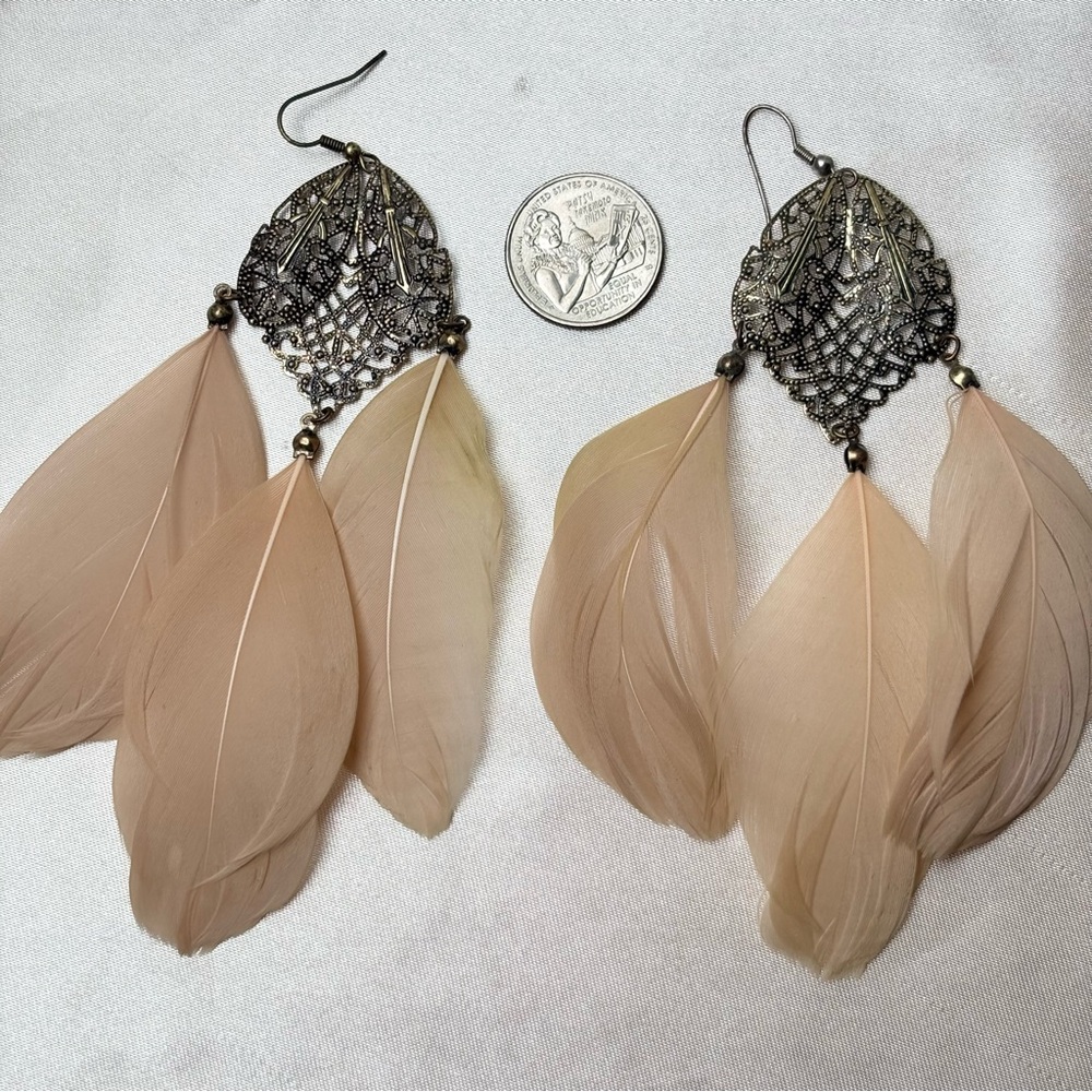 Beige Feather Statement Earrings- Boho/Festival/C… - image 5